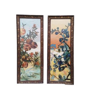 Coppia di pannelli dipinti raffiguranti alberi da frutto.Italia,inizio XX secolo.