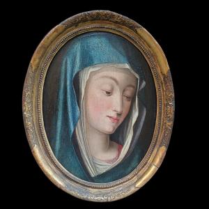 Olio su tavola raffigurante Maria.Pittore Fiammingo,fine XVI secolo.