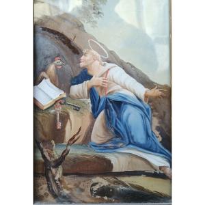 Dipinto su vetro di San Pietro ed il gallo.Veneto,XVIII secolo.