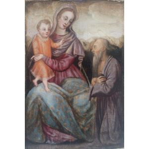 Olio su tavola raffigurante Madonna con bambino e san Girolamo. Italia,fine  XVI secolo.