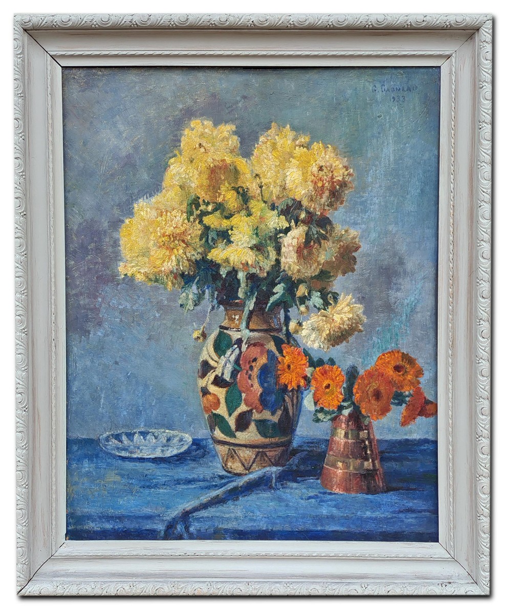 G.Gagneau, composizione con dalie e gerbere