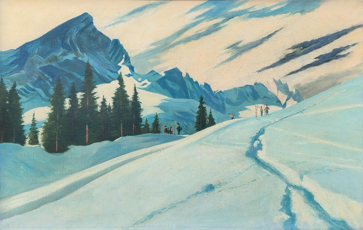 Dipinto Antico "Sciatori a Garmisch, Alpspitze – Adalbert von Wex" - Inizi XX secolo-photo-4