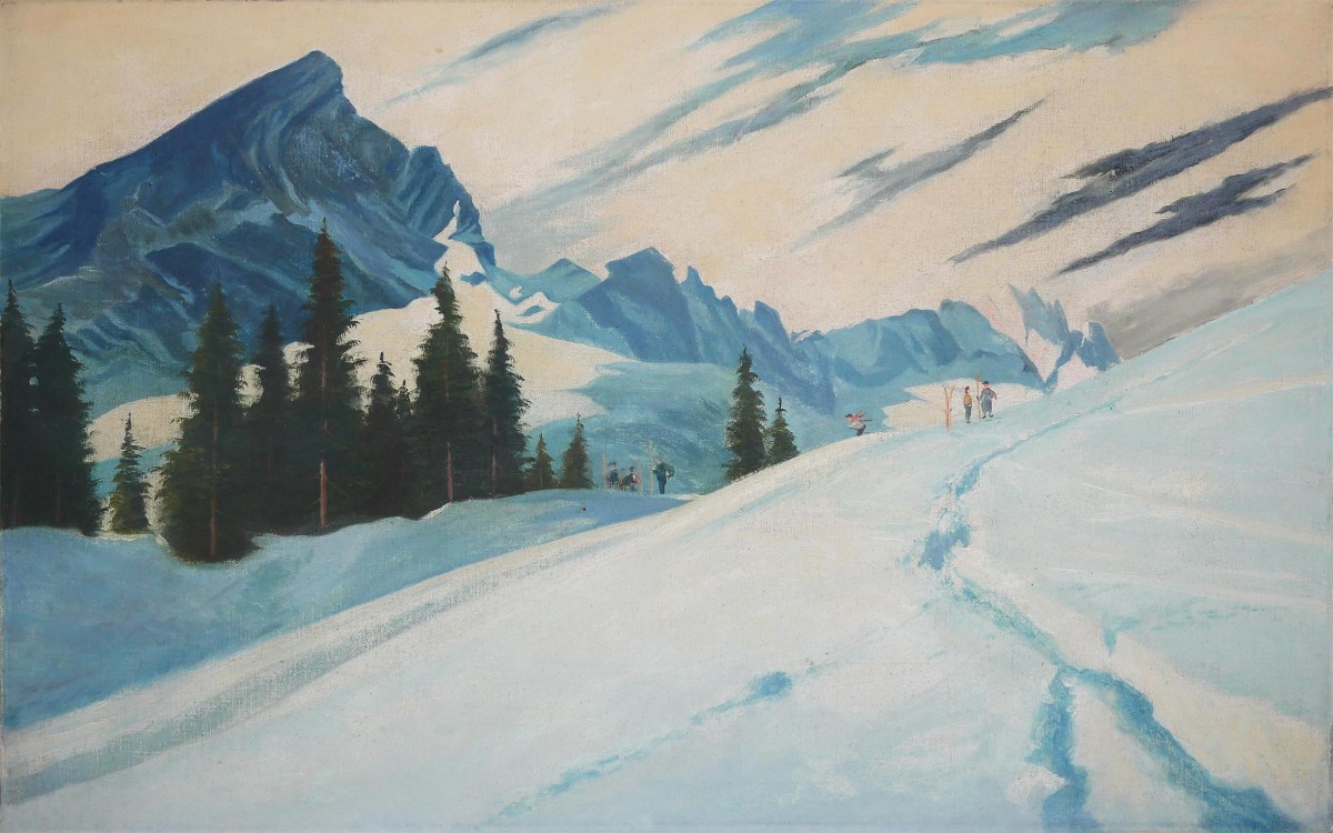 Dipinto Antico "Sciatori a Garmisch, Alpspitze – Adalbert von Wex" - Inizi XX secolo-photo-3