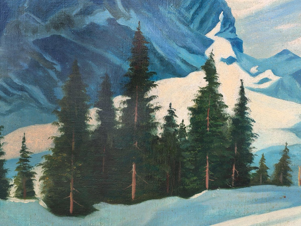 Dipinto Antico "Sciatori a Garmisch, Alpspitze – Adalbert von Wex" - Inizi XX secolo-photo-3