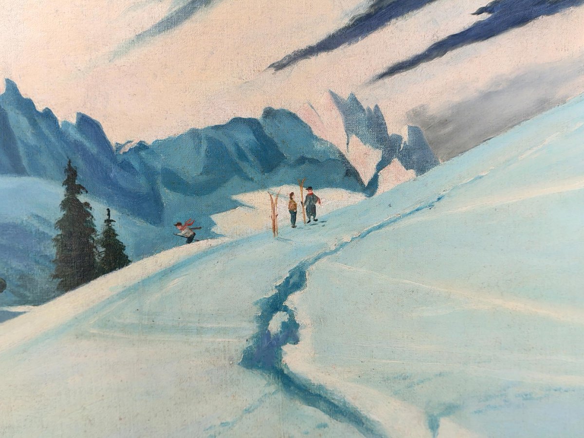 Dipinto Antico "Sciatori a Garmisch, Alpspitze – Adalbert von Wex" - Inizi XX secolo-photo-5