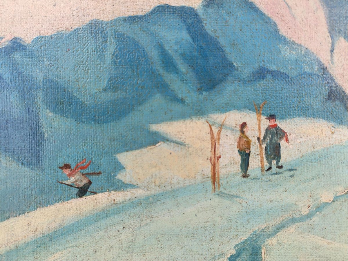 Dipinto Antico "Sciatori a Garmisch, Alpspitze – Adalbert von Wex" - Inizi XX secolo-photo-6