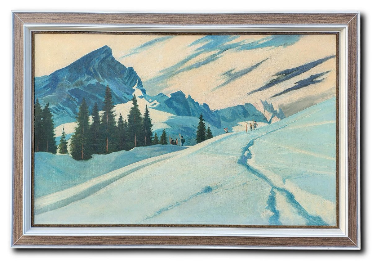 Dipinto Antico "Sciatori a Garmisch, Alpspitze – Adalbert von Wex" - Inizi XX secolo-photo-7