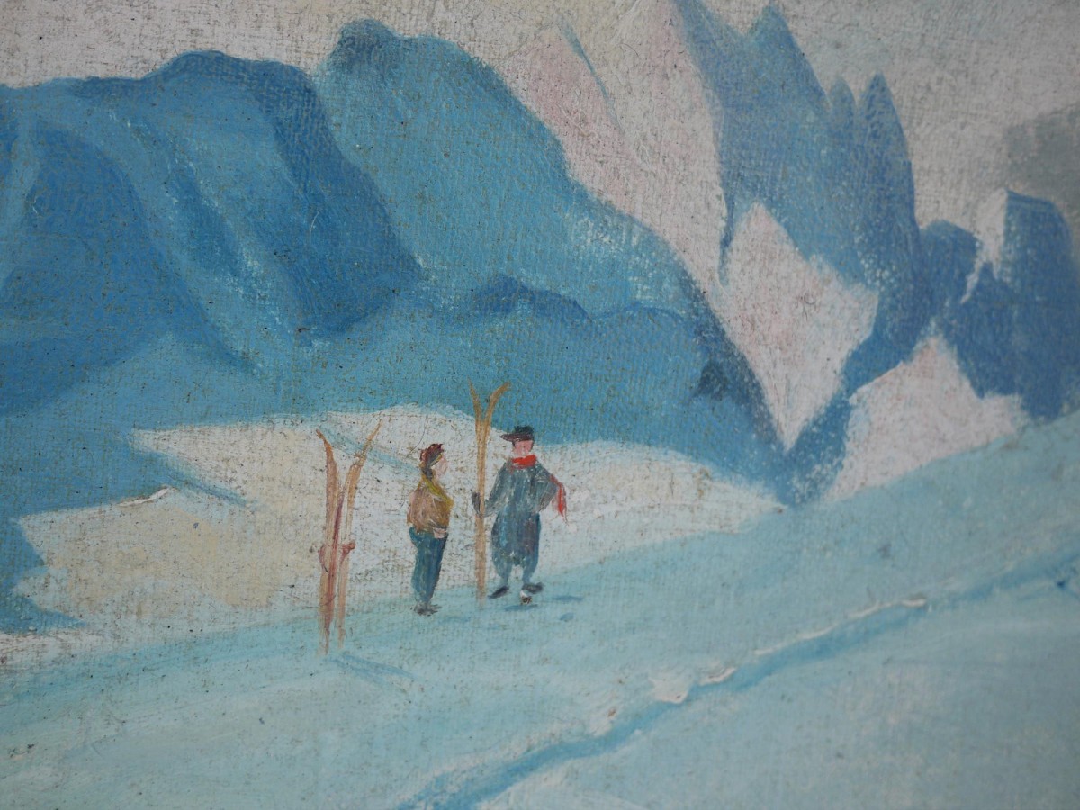 Dipinto Antico "Sciatori a Garmisch, Alpspitze – Adalbert von Wex" - Inizi XX secolo-photo-5