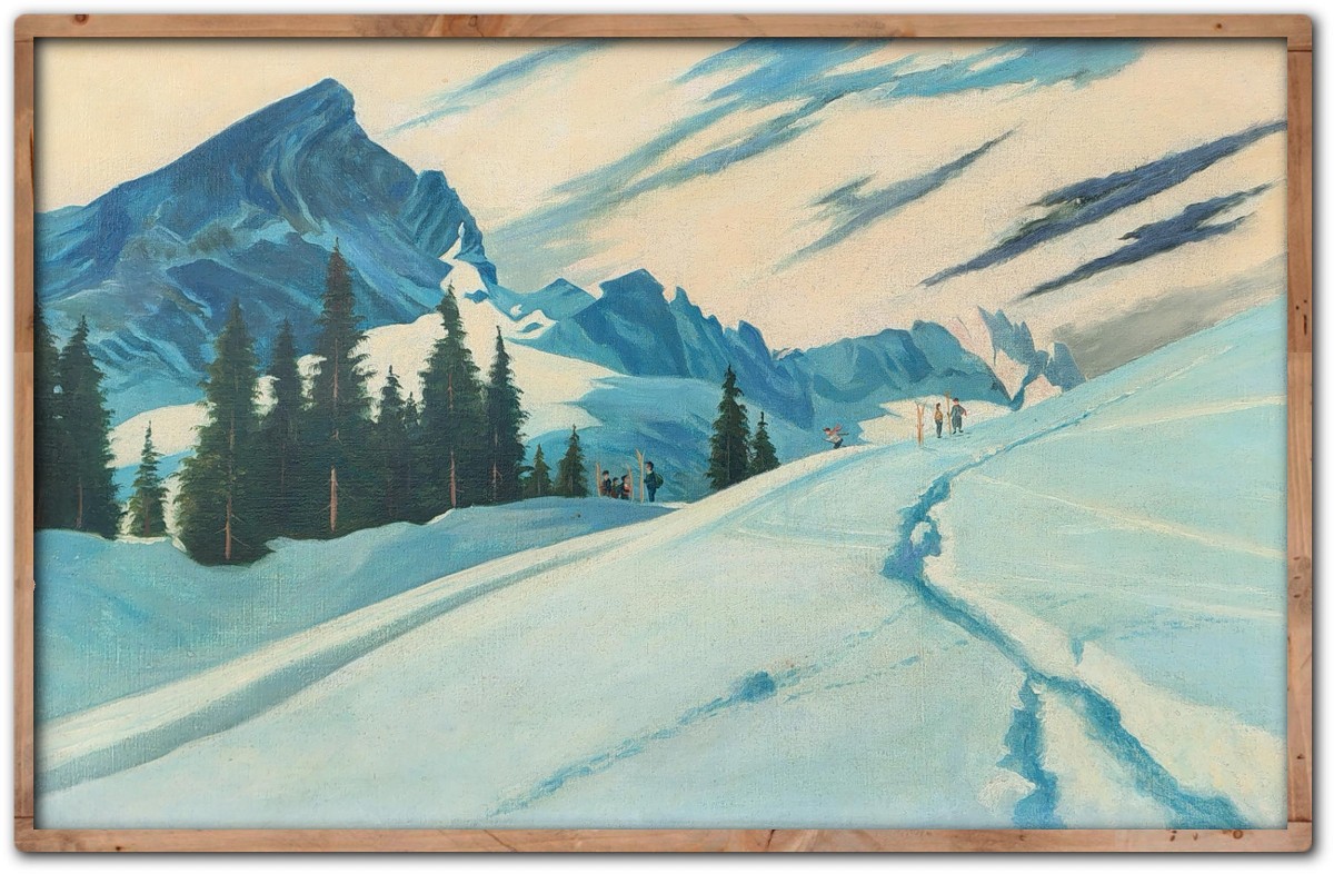 Dipinto Antico "Sciatori a Garmisch, Alpspitze – Adalbert von Wex" - Inizi XX secolo