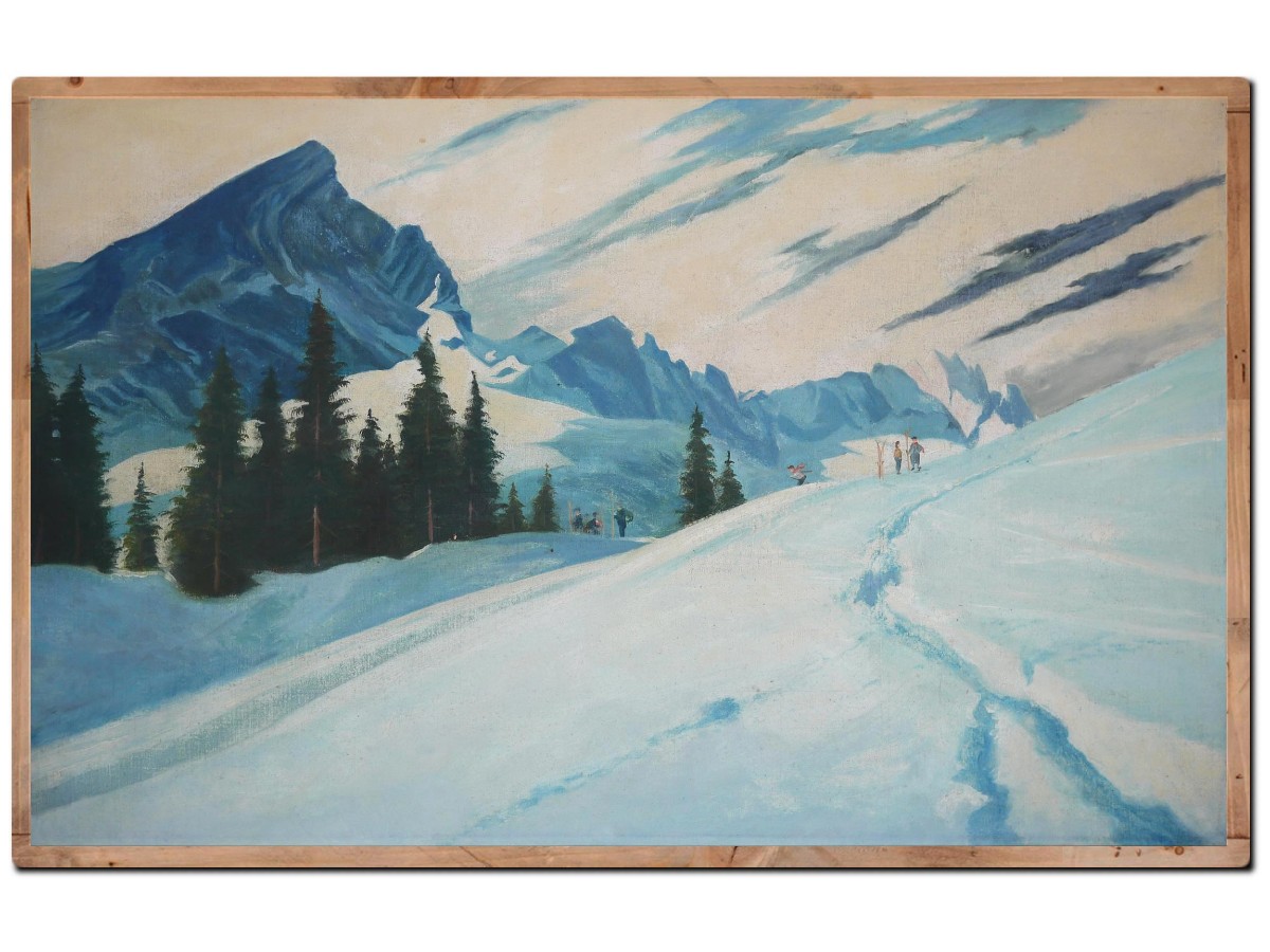Dipinto Antico "Sciatori a Garmisch, Alpspitze – Adalbert von Wex" - Inizi XX secolo