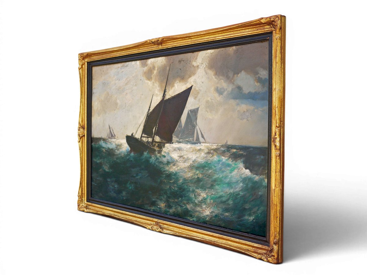 Barche a Vela nella Tempesta, Franz Müller-Gossen, Dipinto Antico anni ’20-photo-2
