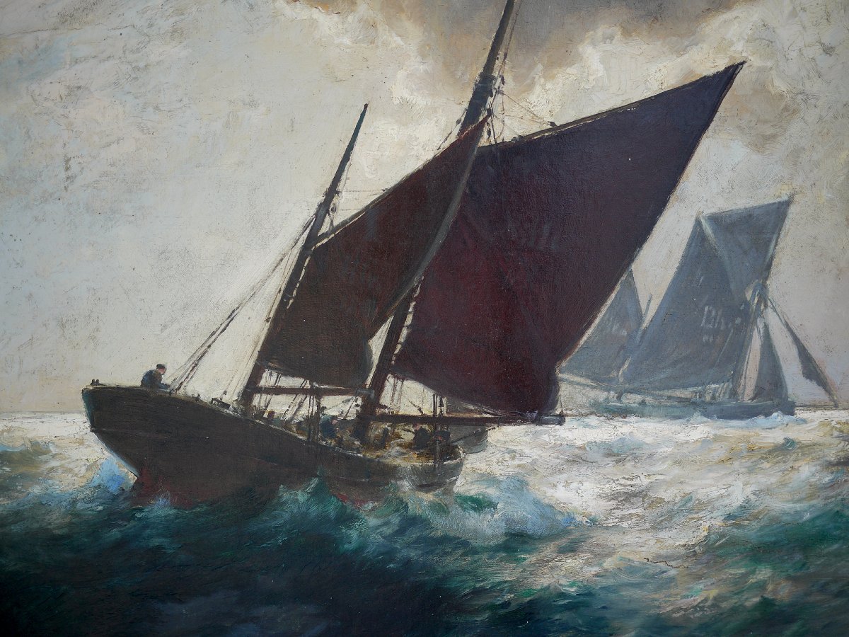 Barche a Vela nella Tempesta, Franz Müller-Gossen, Dipinto Antico anni ’20-photo-3