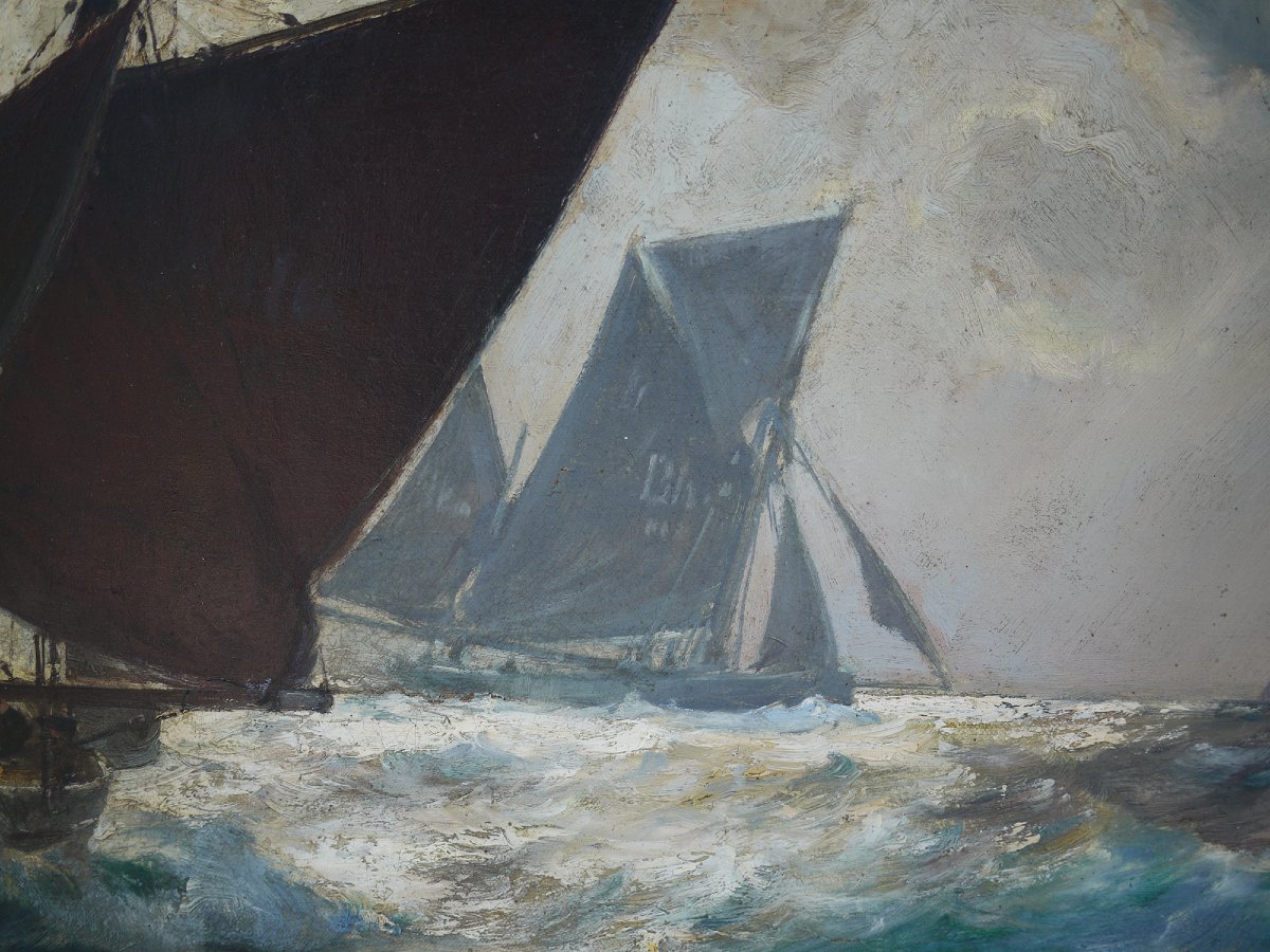 Barche a Vela nella Tempesta, Franz Müller-Gossen, Dipinto Antico anni ’20-photo-4