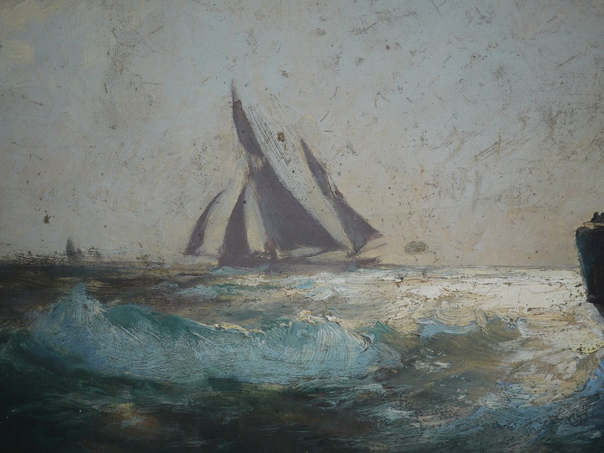 Barche a Vela nella Tempesta, Franz Müller-Gossen, Dipinto Antico anni ’20-photo-1
