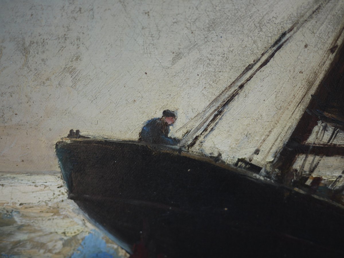 Barche a Vela nella Tempesta, Franz Müller-Gossen, Dipinto Antico anni ’20-photo-2