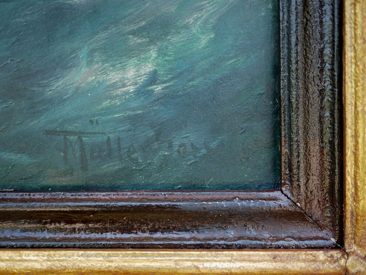 Barche a Vela nella Tempesta, Franz Müller-Gossen, Dipinto Antico anni ’20-photo-5