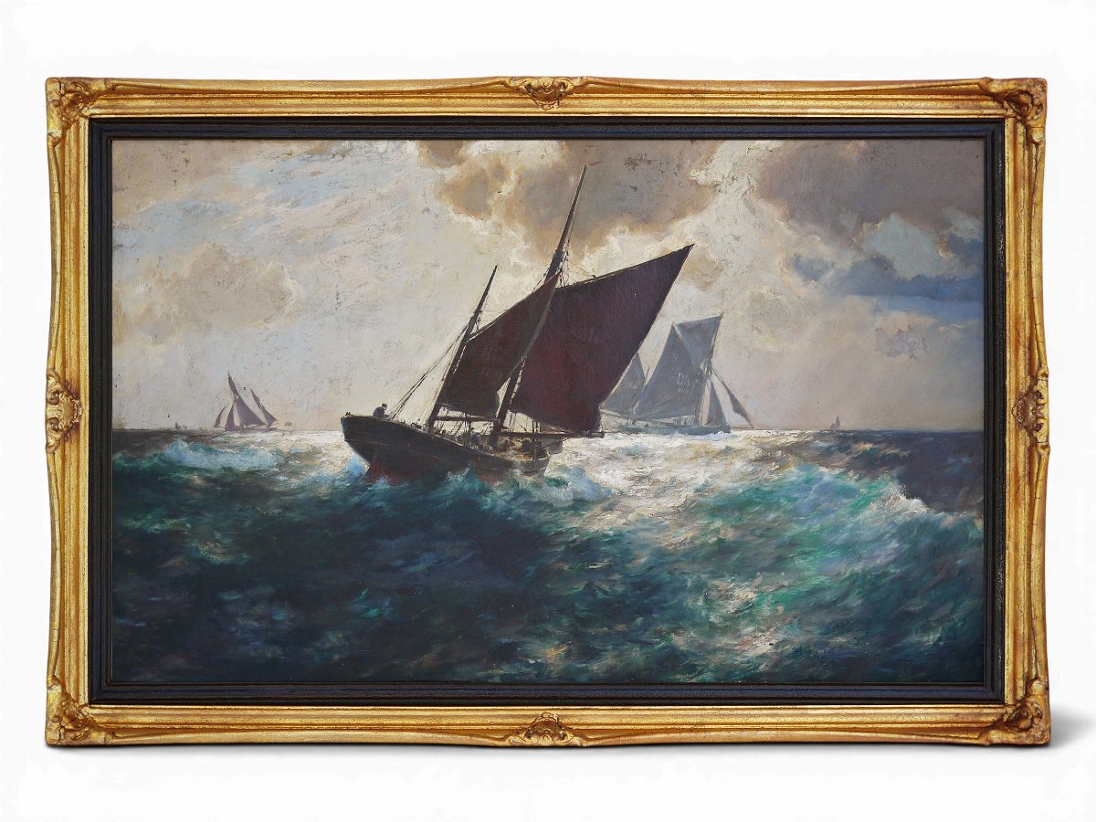 Barche a Vela nella Tempesta, Franz Müller-Gossen, Dipinto Antico anni ’20