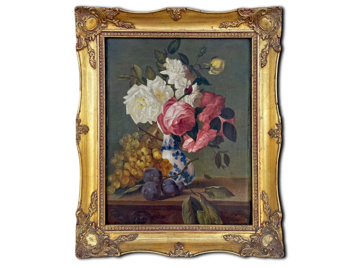 Natura morta con rose e frutta