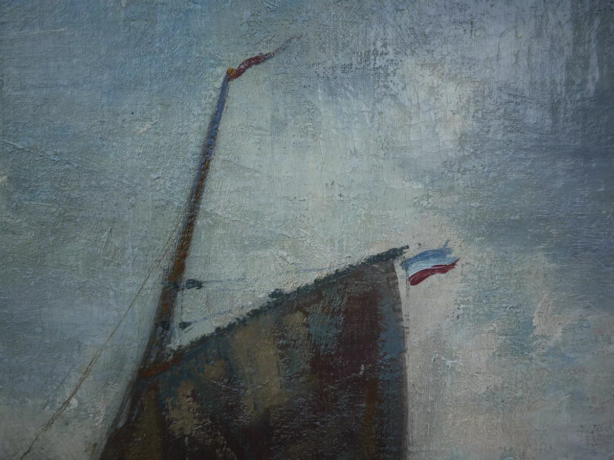 Barche a Vela nel Mare in tempesta, Olio su tela  di Alexandre Essfeld-photo-2