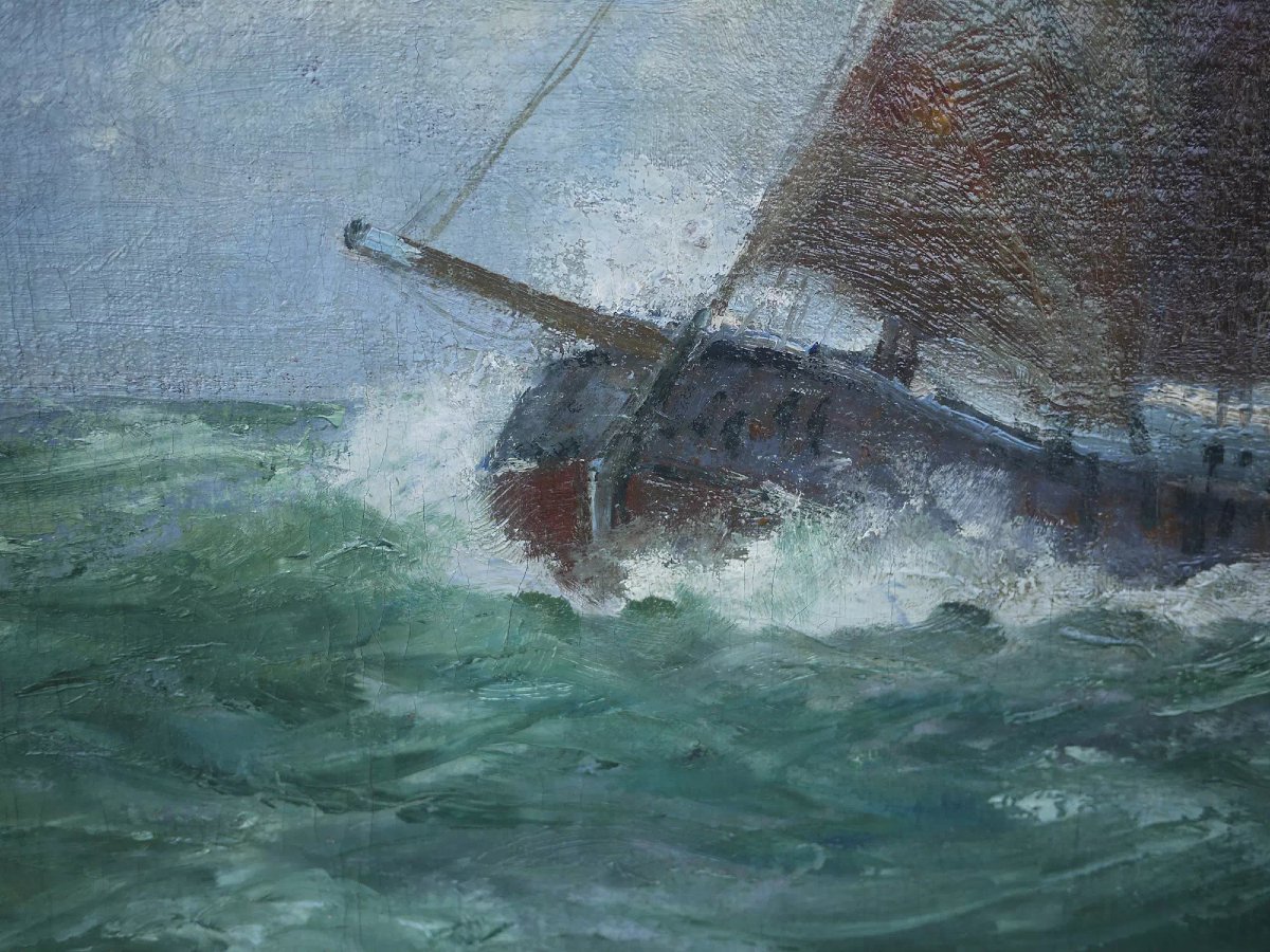 Barche a Vela nel Mare in tempesta, Olio su tela  di Alexandre Essfeld-photo-3