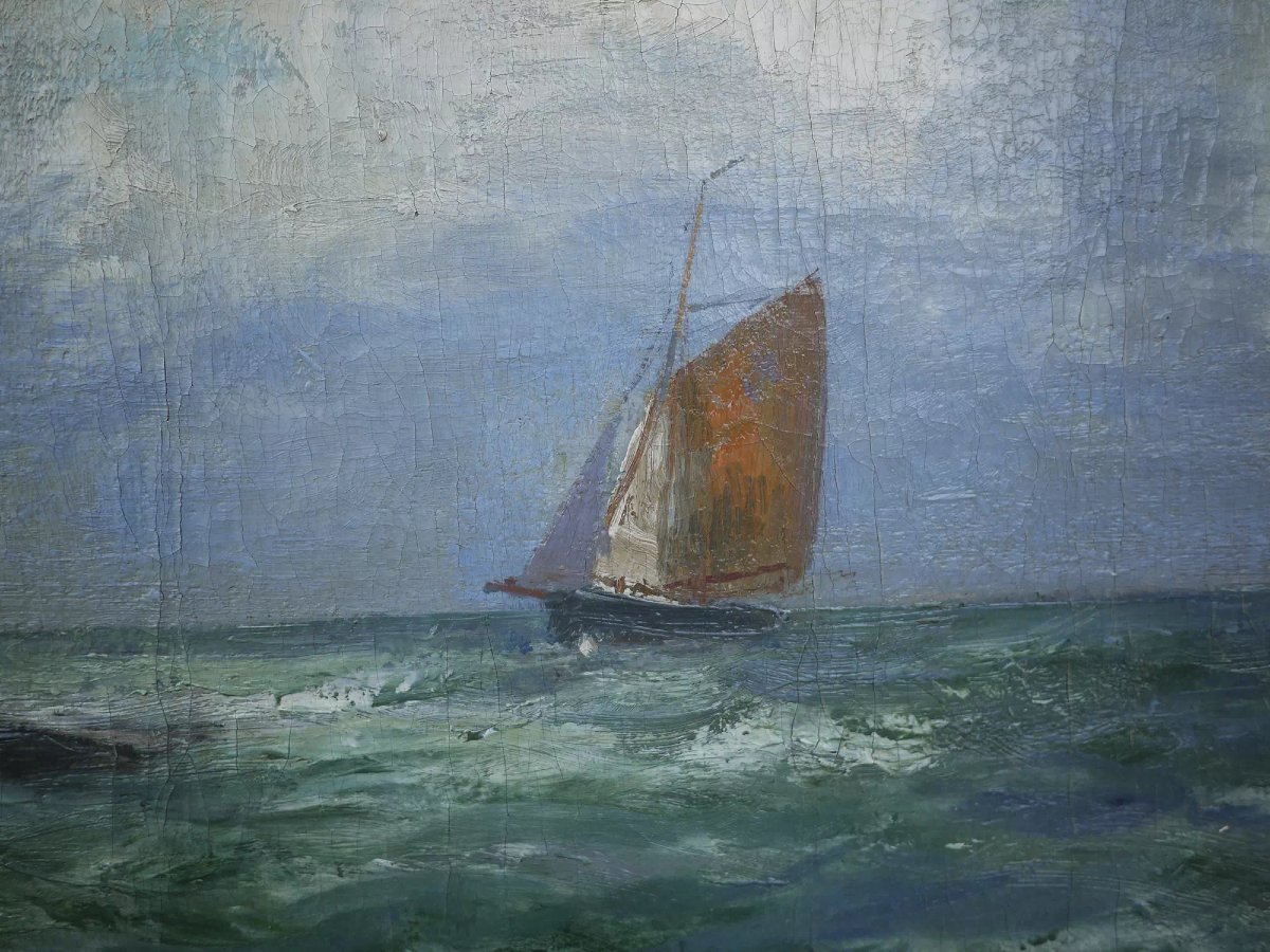 Barche a Vela nel Mare in tempesta, Olio su tela  di Alexandre Essfeld-photo-1