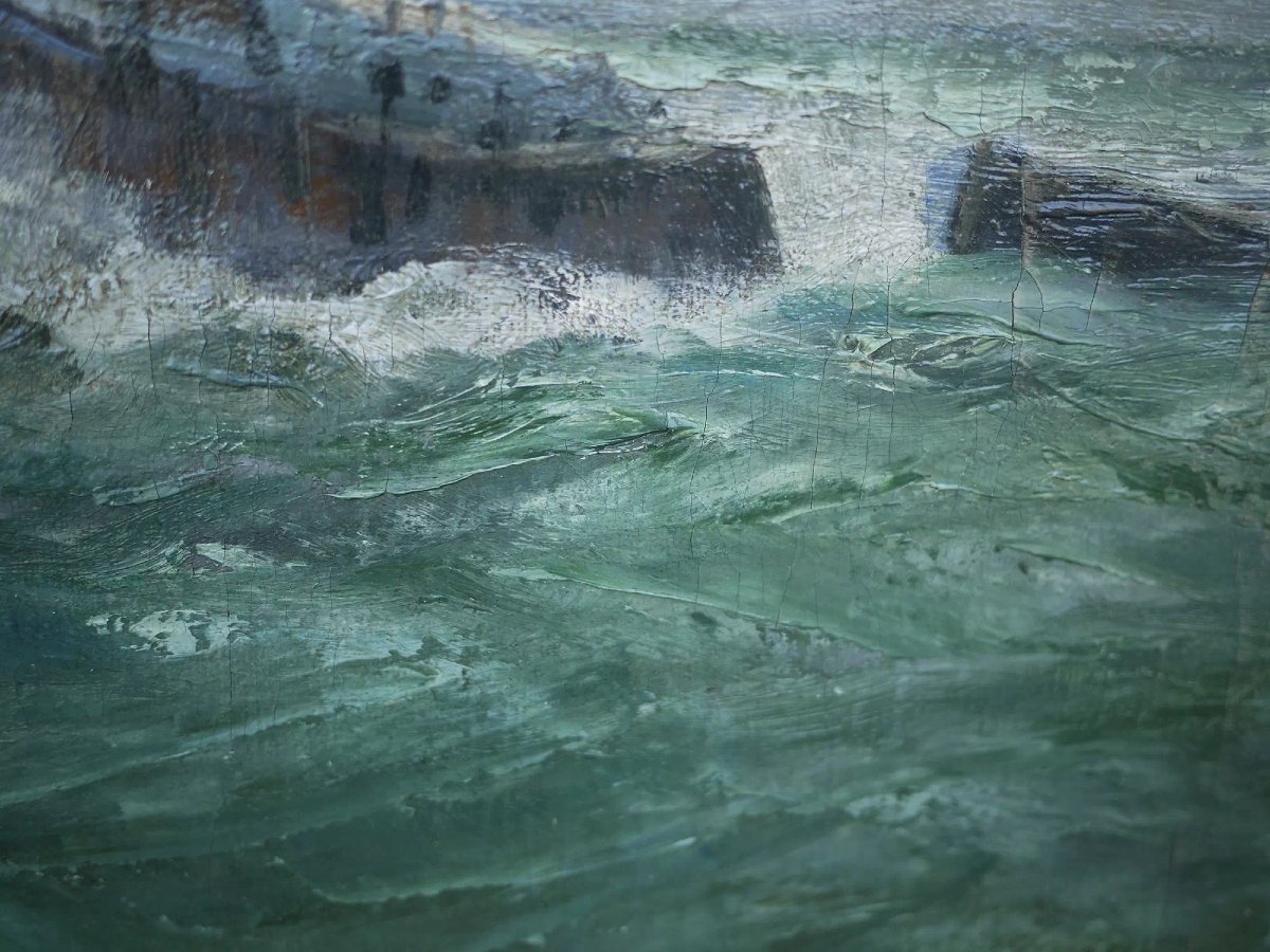 Barche a Vela nel Mare in tempesta, Olio su tela  di Alexandre Essfeld-photo-3