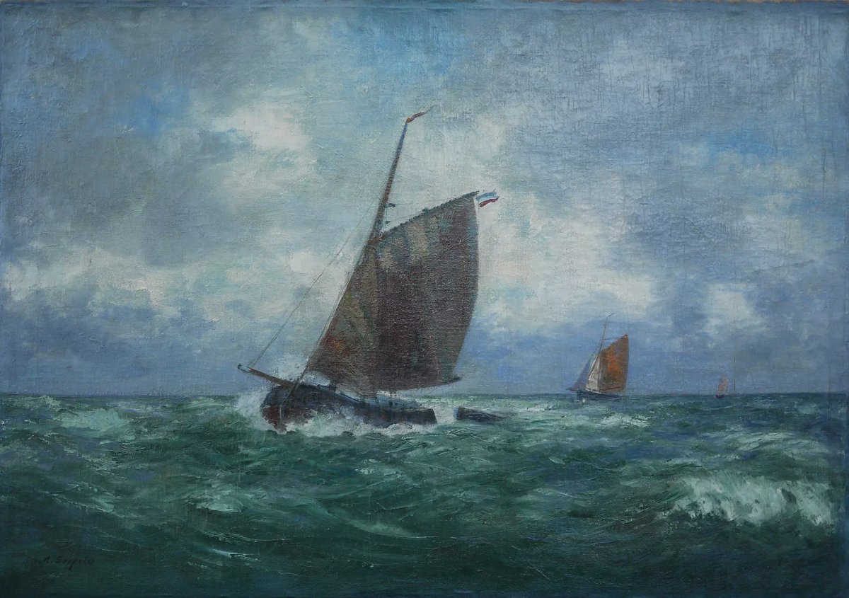Barche a Vela nel Mare in tempesta, Olio su tela  di Alexandre Essfeld-photo-6