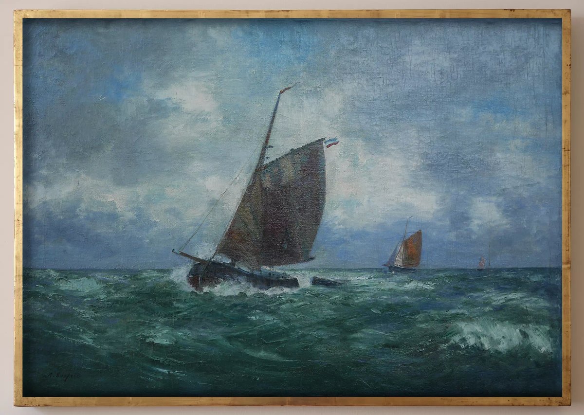 Barche a Vela nel Mare in tempesta, Olio su tela  di Alexandre Essfeld