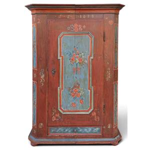 Armadio Dipinto Tirolese Rosso con Fiori, datato 1818  