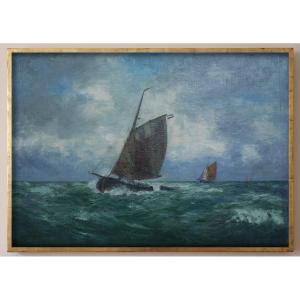 Barche a Vela nel Mare in tempesta, Olio su tela  di Alexandre Essfeld