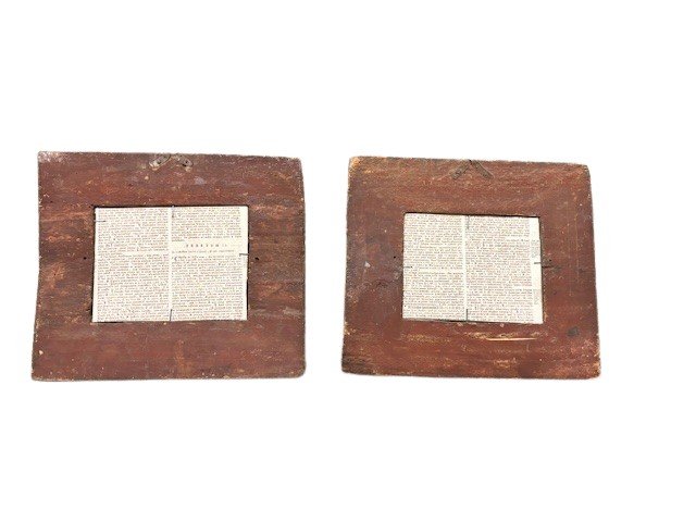 Coppia di cornici in legno laccato e dorato con formelle in pietra paesina-photo-4