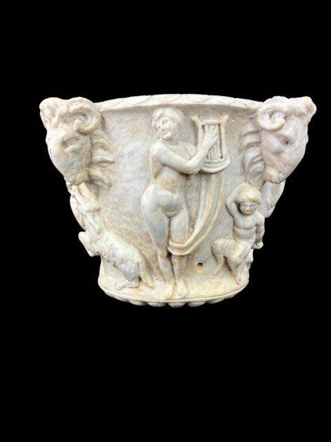 Vaso in marmo bianco con scene di baccanale scolpite di epoca neoclassica-photo-3