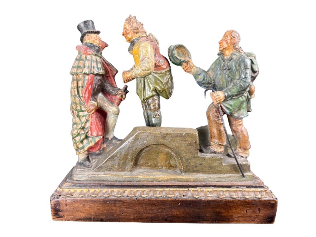 Gruppo in terracotta policroma raffigurante personaggi su di un ponte , manifattura Zizenhouser
