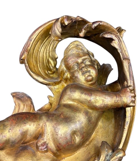 Coppia di putti in legno intagliato e dorato-photo-4
