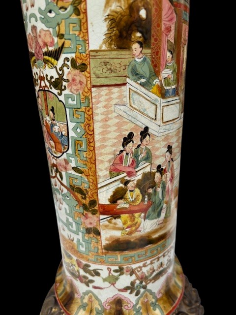 Coppia di vasi piemontesi in terracotta decorata a cineserie con basi in bronzo dorato-photo-3