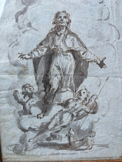 Disegno a china su carta in cornice in legno intagliato e dorato-photo-2