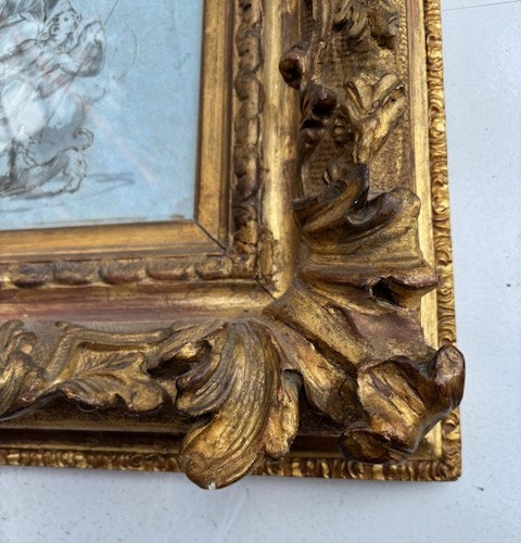 Disegno a china su carta in cornice in legno intagliato e dorato-photo-3