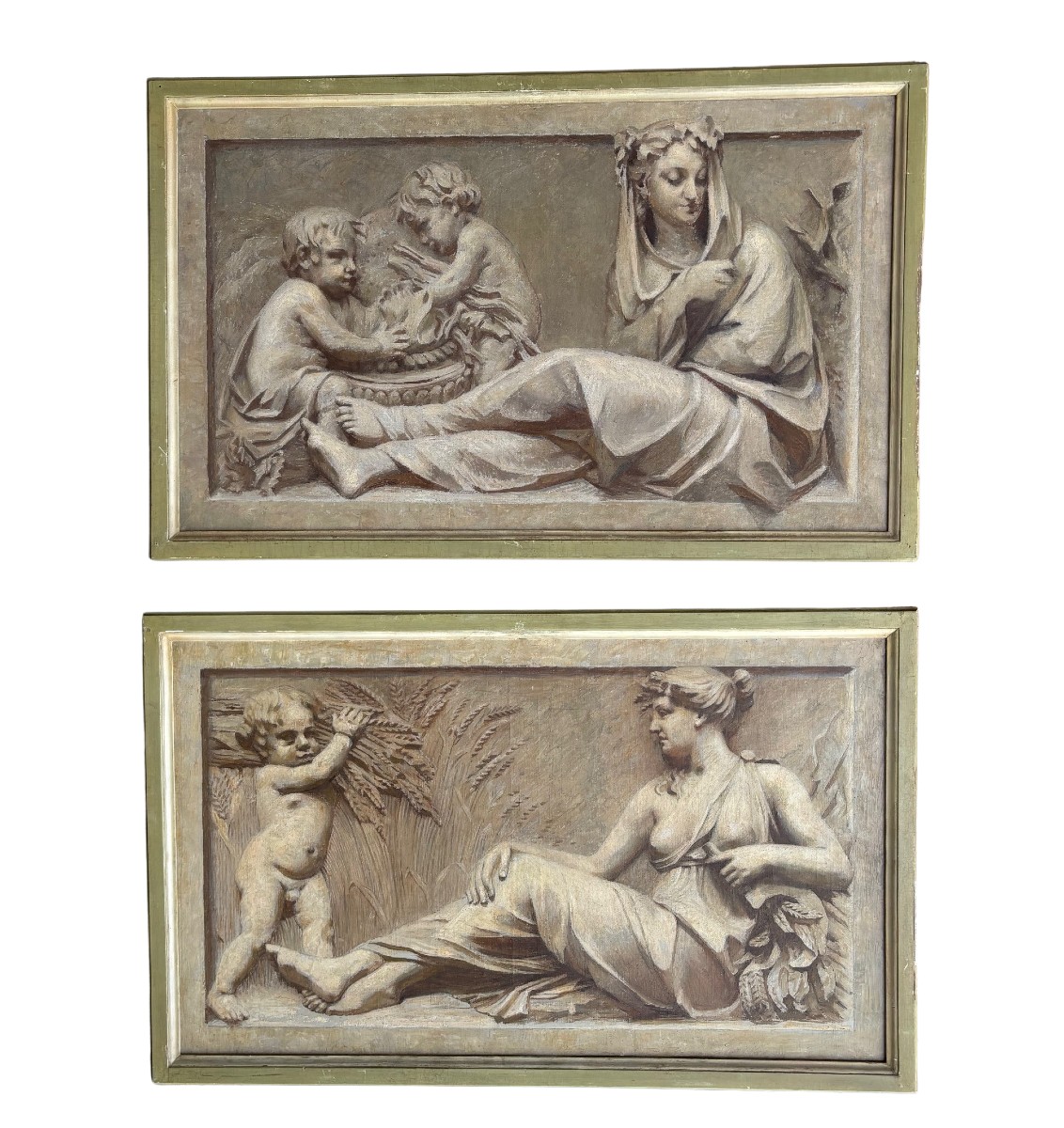 4 pannelli su tela dipinti a grisaille raffiguranti le 4 stagioni con cornici in legno dipinto-photo-2