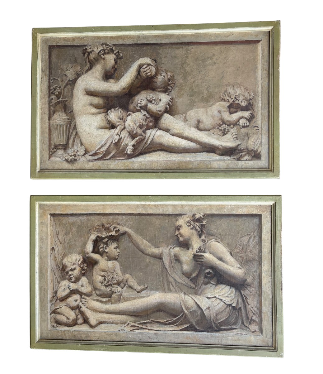 4 pannelli su tela dipinti a grisaille raffiguranti le 4 stagioni con cornici in legno dipinto-photo-3