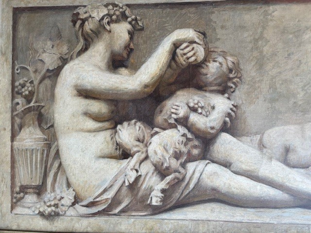 4 pannelli su tela dipinti a grisaille raffiguranti le 4 stagioni con cornici in legno dipinto-photo-4