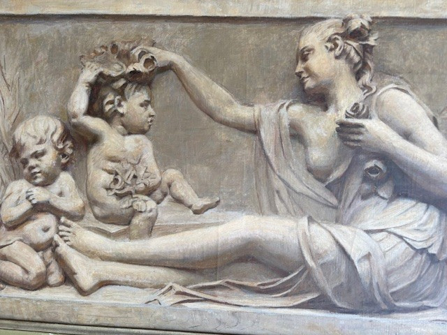 4 pannelli su tela dipinti a grisaille raffiguranti le 4 stagioni con cornici in legno dipinto-photo-1