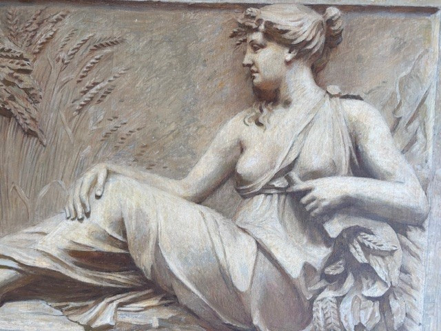 4 pannelli su tela dipinti a grisaille raffiguranti le 4 stagioni con cornici in legno dipinto-photo-2