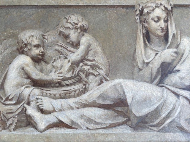 4 pannelli su tela dipinti a grisaille raffiguranti le 4 stagioni con cornici in legno dipinto-photo-3