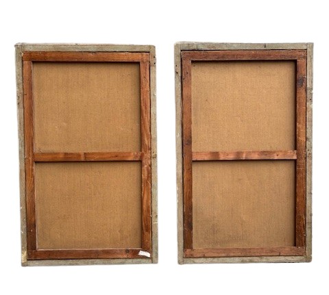 4 pannelli su tela dipinti a grisaille raffiguranti le 4 stagioni con cornici in legno dipinto-photo-5