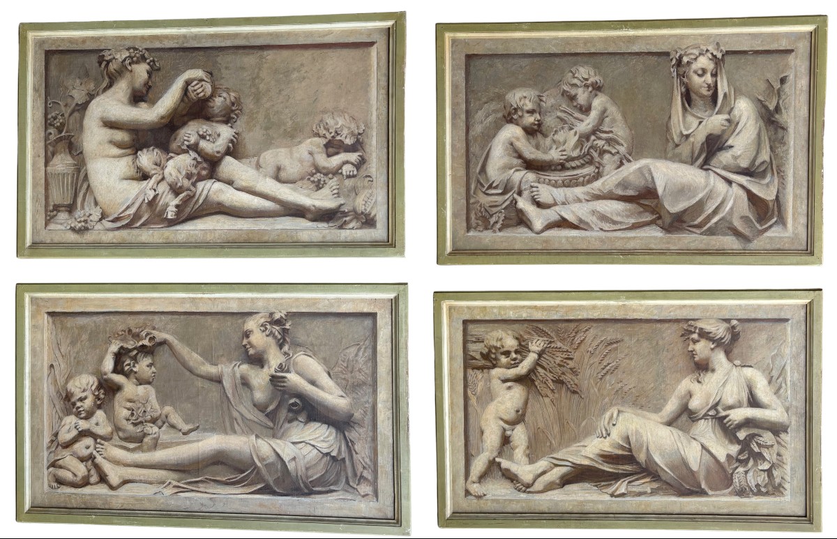 4 pannelli su tela dipinti a grisaille raffiguranti le 4 stagioni con cornici in legno dipinto