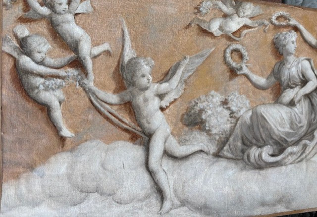 Coppia di dipinti a grisaille su tela riportata su legno-photo-1