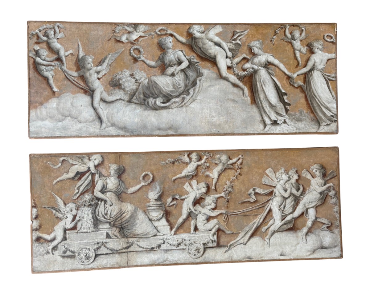 Coppia di dipinti a grisaille su tela riportata su legno