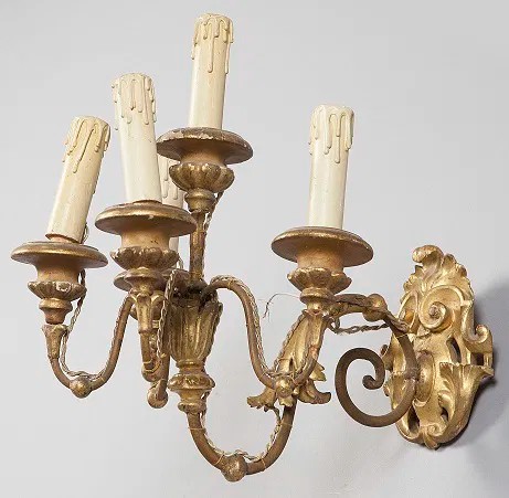 Coppia di punti luce in metallo e legno dorato-photo-2