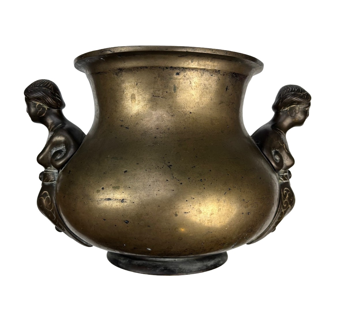 Brocca in bronzo con doppia impugnatura a figura umana