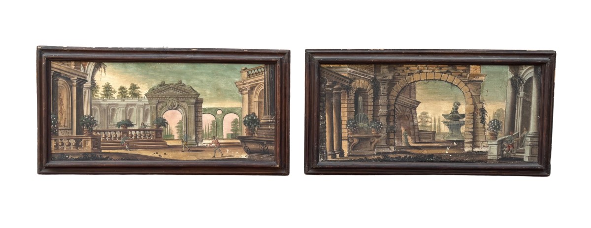 coppia di dipinti a tempera con cornici coeve